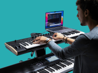 Someone playing keyboards with computer adjacent.