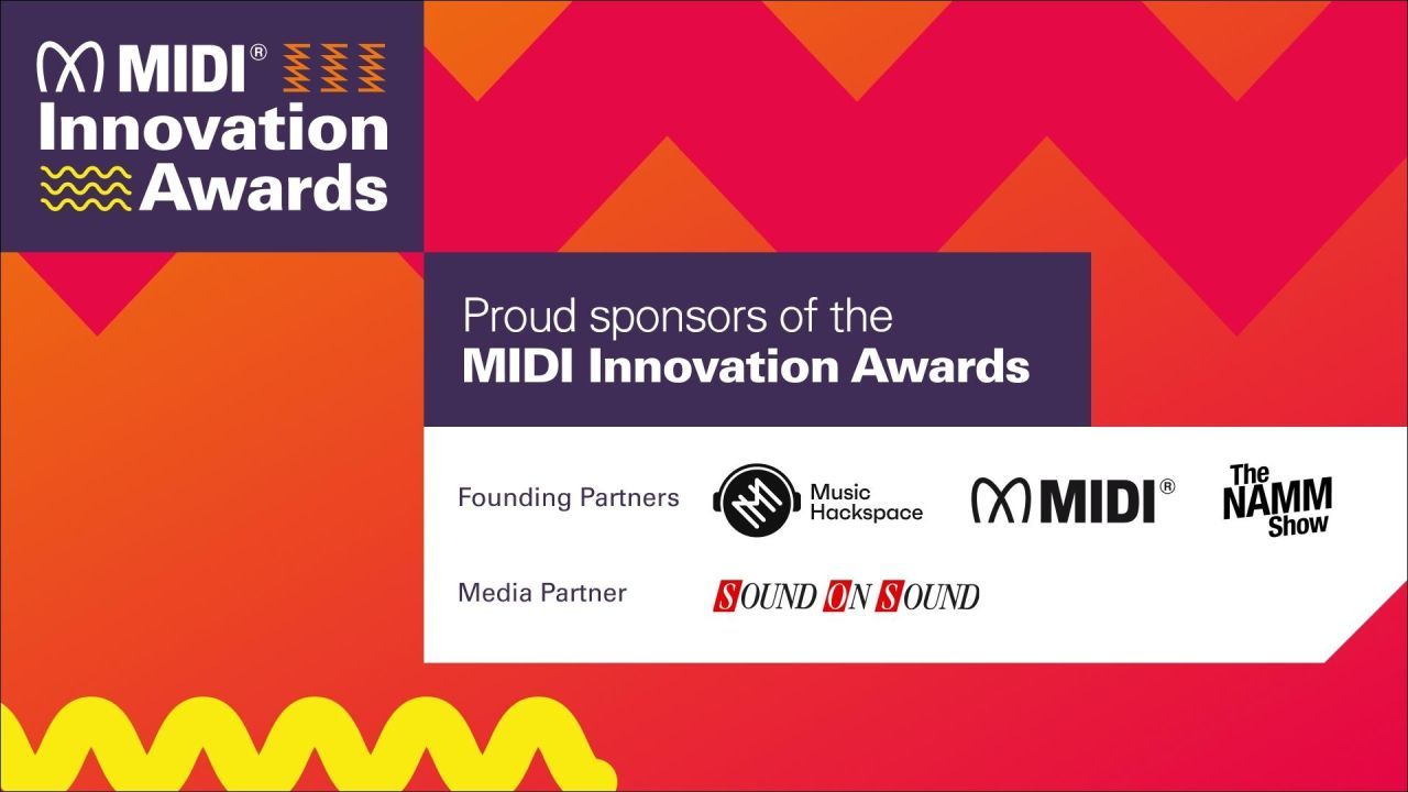Graphic promoting the MIDI Innovation Awards. It features the text 'Proud sponsors of the MIDI Innovation Awards' and logos of founding partners Music Hoopspace, MIDI, The NAMM Show, and media partner Sound On Sound.