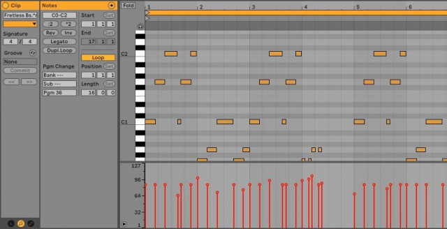 MIDI data represented as notes within a piano roll-like interface