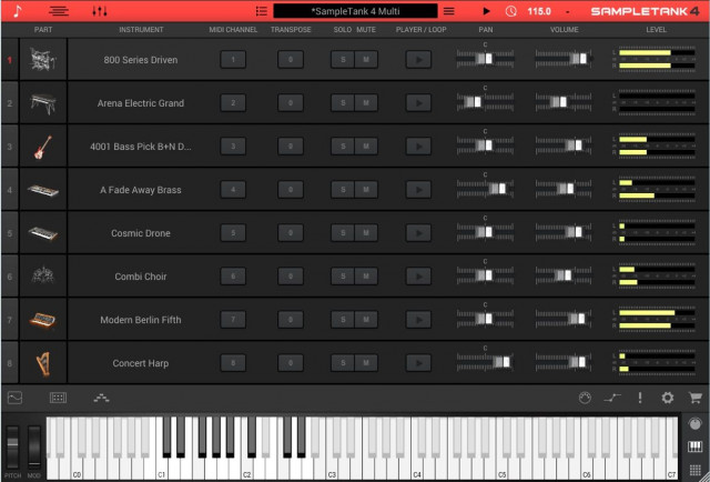 Screen shot of virtual instrument software showing eight slots to load instruments, and a virtual keyboard along the bottom for playing them.