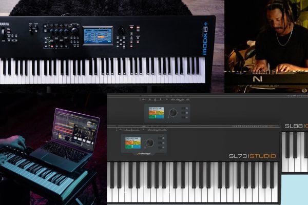 A collage of keyboards and synthesizers: a Yamaha MODX8+, two Studiologic SL series controllers, a person playing a Nord keyboard, and another using a laptop connected to a MIDI keyboard.